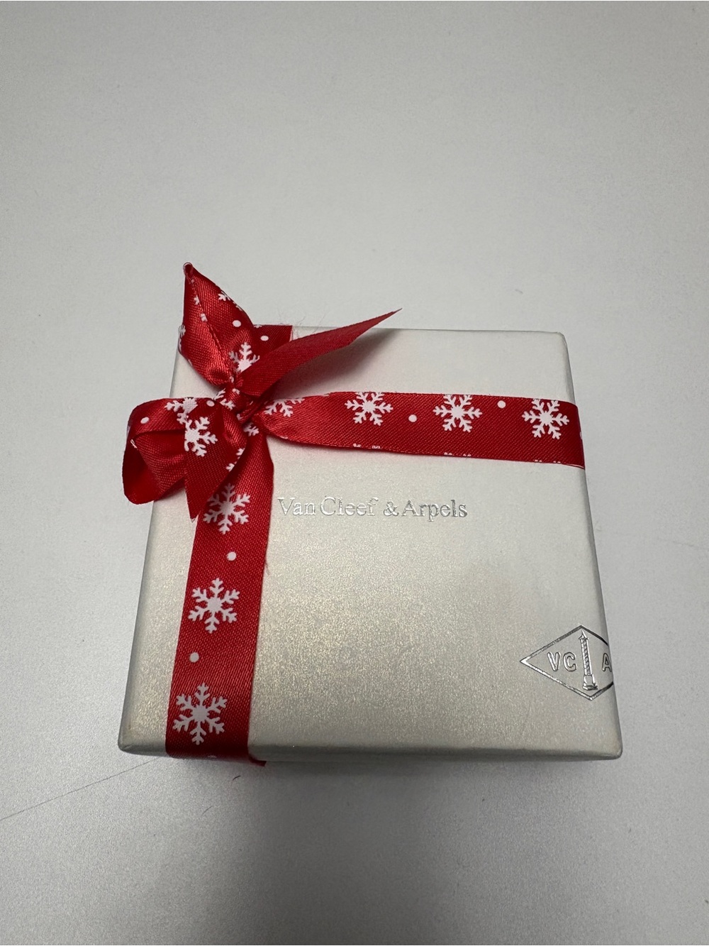 Van Cleef & Arpels White Box with Red Snowflake Ribbon and jewelry case